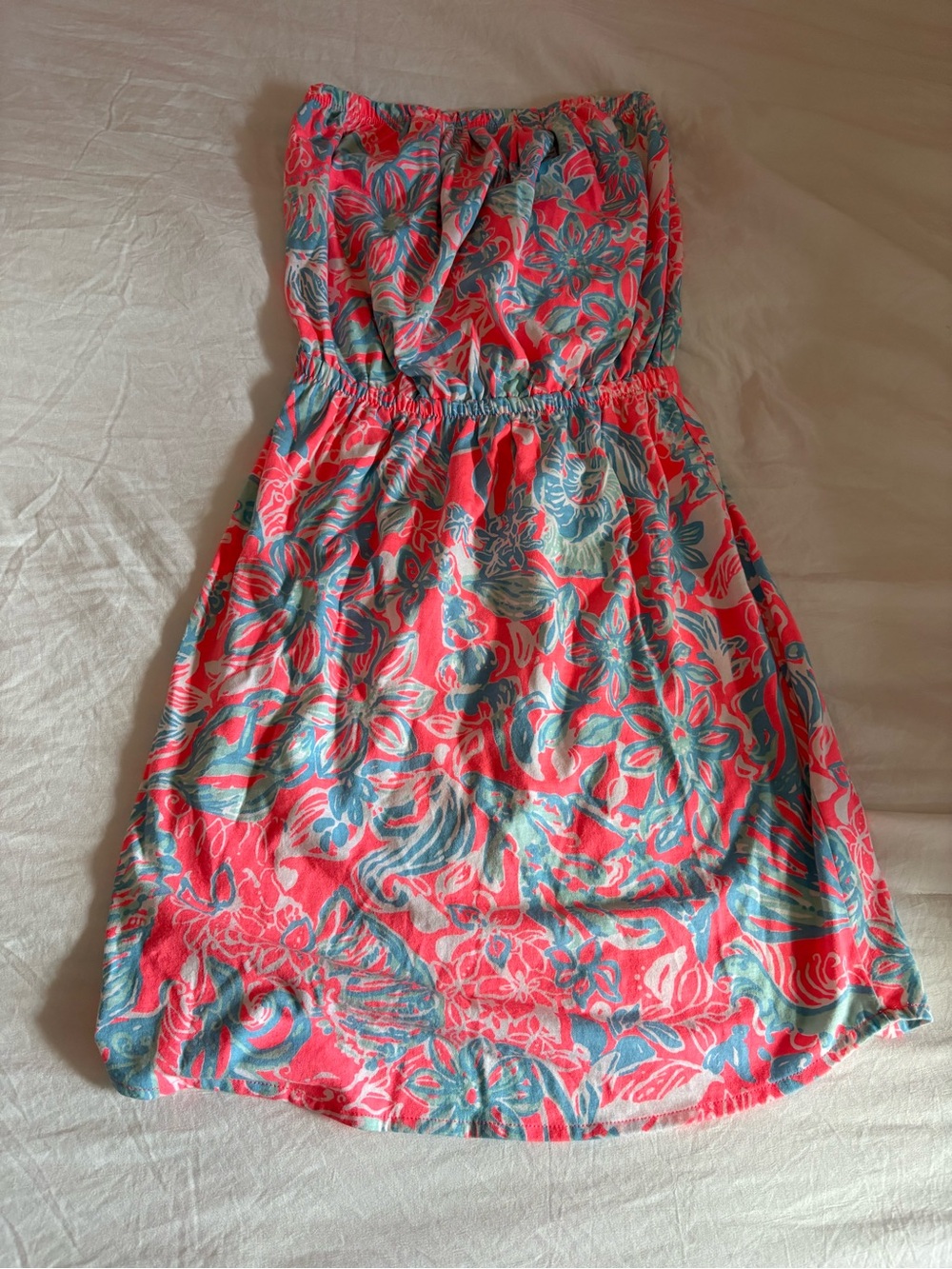 Lilly Pulitzer Coral and Teal Strapless Dress